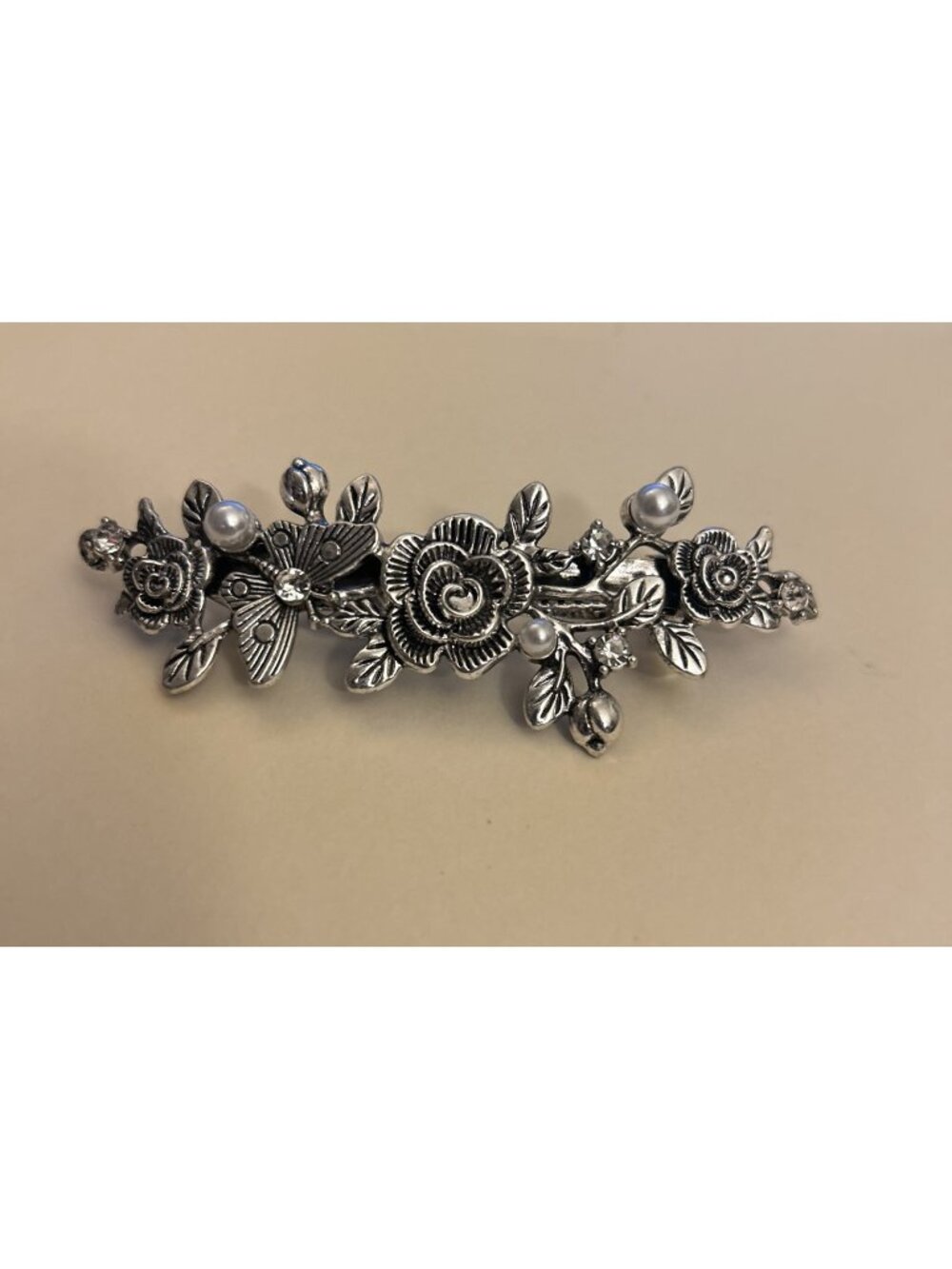 Vintage Silver Tone White Pearls Rhinestone Flower Hair Clip Barrette Butterfly